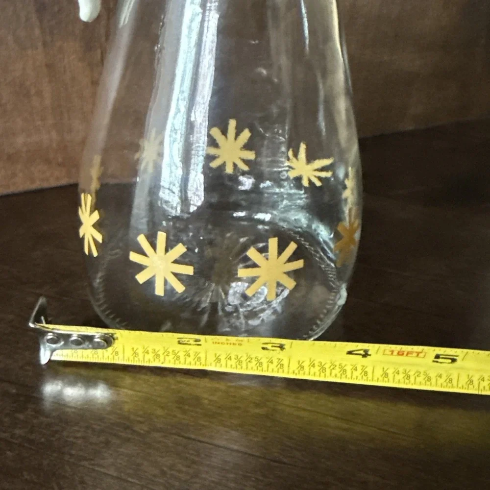 Vtg MCM Log Cabin Glass Syrup Server with Handle, Gold Starburst Maple Syrup Jug